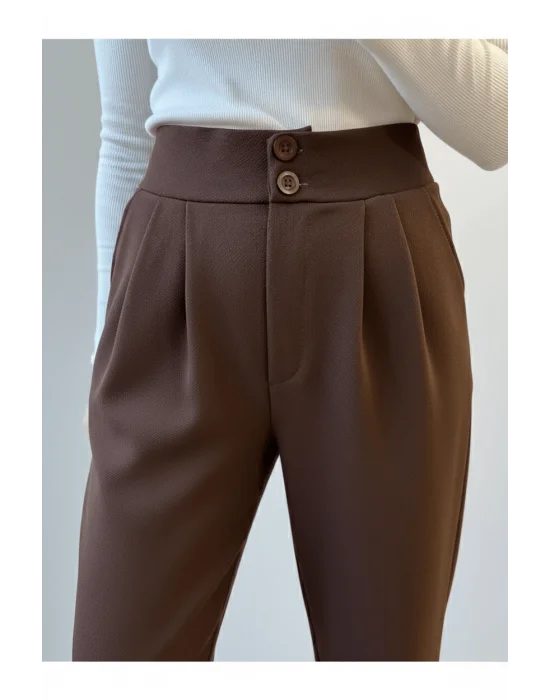 MetuCa Kadın Kahverengi Yüksek Bel Çift Düğmeli Havuç Kesim Esnek Krep Kumaş Pantolon