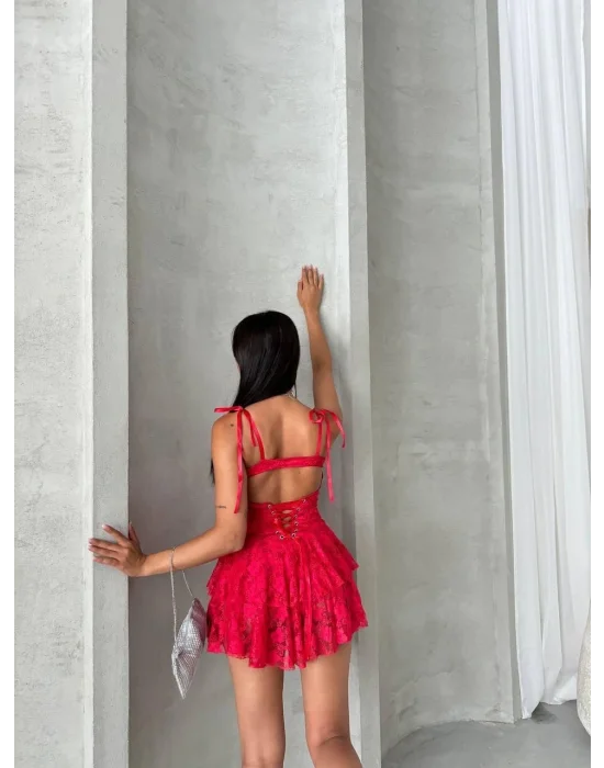 MetuCa Kadın Kırmızı Askılı Sırtı Bağcıklı İçi Şortlu Dantel Mini Prenses Parti Elbisesi