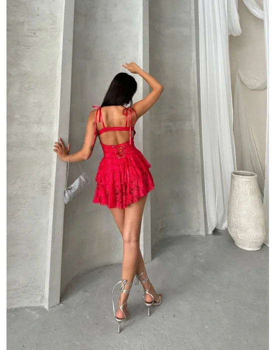 MetuCa Kadın Kırmızı Askılı Sırtı Bağcıklı İçi Şortlu Dantel Mini Prenses Parti Elbisesi