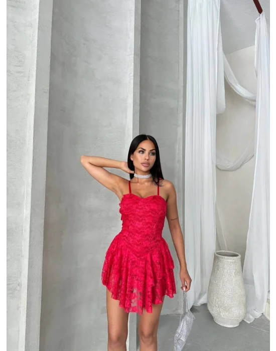 MetuCa Kadın Kırmızı Askılı Sırtı Bağcıklı İçi Şortlu Dantel Mini Prenses Parti Elbisesi
