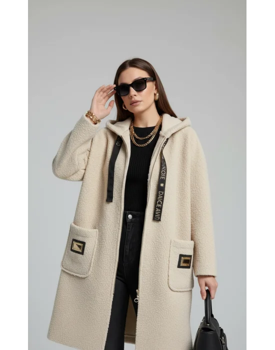 MetuCa Kadın Krem Kapüşonlu Fermuarlı Cepli Oversize Buklet Kaban Mont Hırka