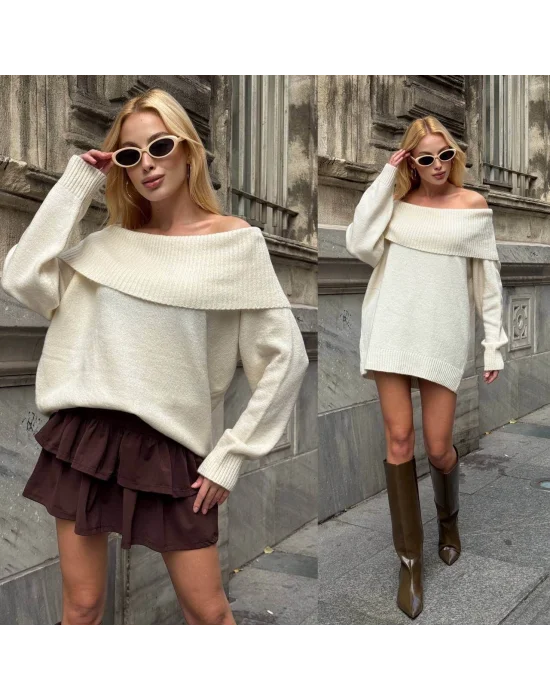 MetuCa Kadın Krem Madonna Yaka Düşük Omuz Oversize Salaş Kalın Triko Kazak Elbise