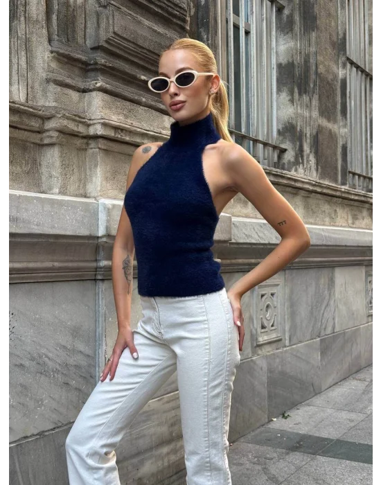 MetuCa Kadın Lacivert Balıkçı Halter Yaka Sırtı Açık Yumuşak Dokulu Tüylü Triko Büstiyer Bluz