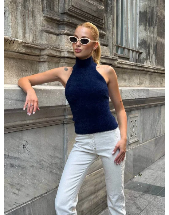 MetuCa Kadın Lacivert Balıkçı Halter Yaka Sırtı Açık Yumuşak Dokulu Tüylü Triko Büstiyer Bluz