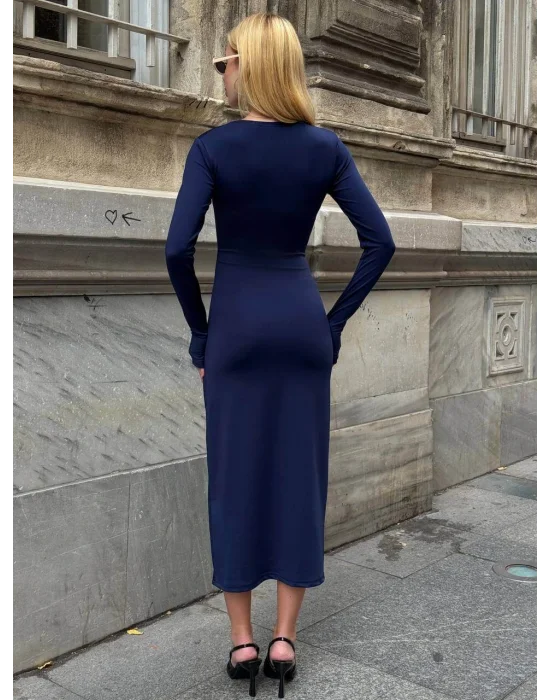 MetuCa Kadın Lacivert Bisiklet Yaka Parmak Geçmeli Uzun Kollu Sandy Kumaş Midi İçlik Elbise