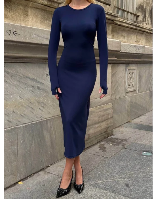 MetuCa Kadın Lacivert Bisiklet Yaka Parmak Geçmeli Uzun Kollu Sandy Kumaş Midi İçlik Elbise