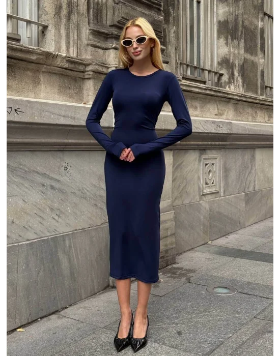 MetuCa Kadın Lacivert Bisiklet Yaka Parmak Geçmeli Uzun Kollu Sandy Kumaş Midi İçlik Elbise