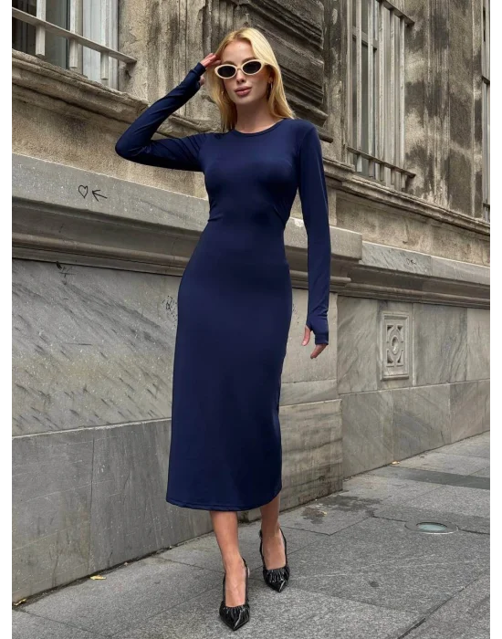 MetuCa Kadın Lacivert Bisiklet Yaka Parmak Geçmeli Uzun Kollu Sandy Kumaş Midi İçlik Elbise