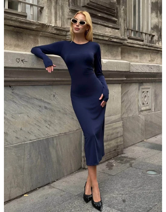 MetuCa Kadın Lacivert Bisiklet Yaka Parmak Geçmeli Uzun Kollu Sandy Kumaş Midi İçlik Elbise