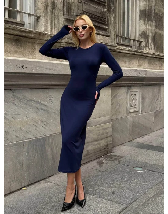 MetuCa Kadın Lacivert Bisiklet Yaka Parmak Geçmeli Uzun Kollu Sandy Kumaş Midi İçlik Elbise