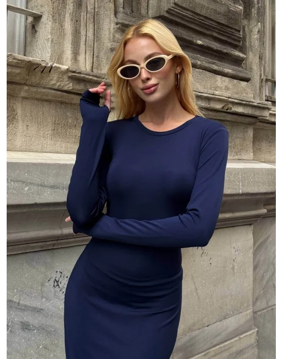 MetuCa Kadın Lacivert Bisiklet Yaka Parmak Geçmeli Uzun Kollu Sandy Kumaş Midi İçlik Elbise