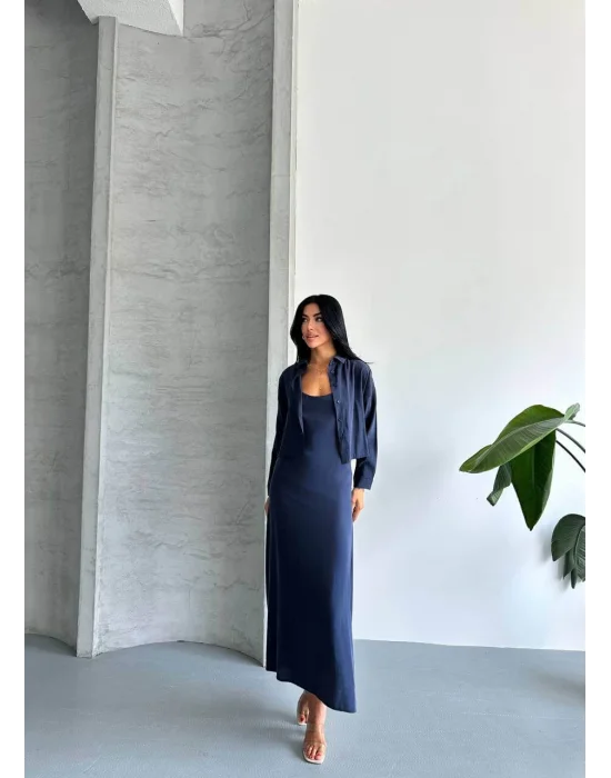 MetuCa Kadın Lacivert Dokuma Kumaş Crop Gömlek ve U Yaka Askılı Uzun Elbise İkili Takım