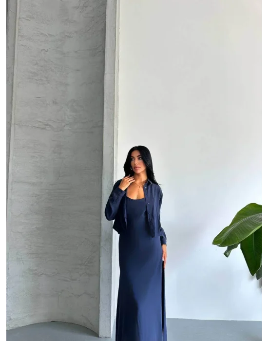 MetuCa Kadın Lacivert Dokuma Kumaş Crop Gömlek ve U Yaka Askılı Uzun Elbise İkili Takım