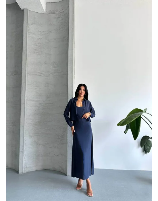 MetuCa Kadın Lacivert Dokuma Kumaş Crop Gömlek ve U Yaka Askılı Uzun Elbise İkili Takım