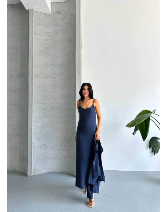 MetuCa Kadın Lacivert Dokuma Kumaş Crop Gömlek ve U Yaka Askılı Uzun Elbise İkili Takım