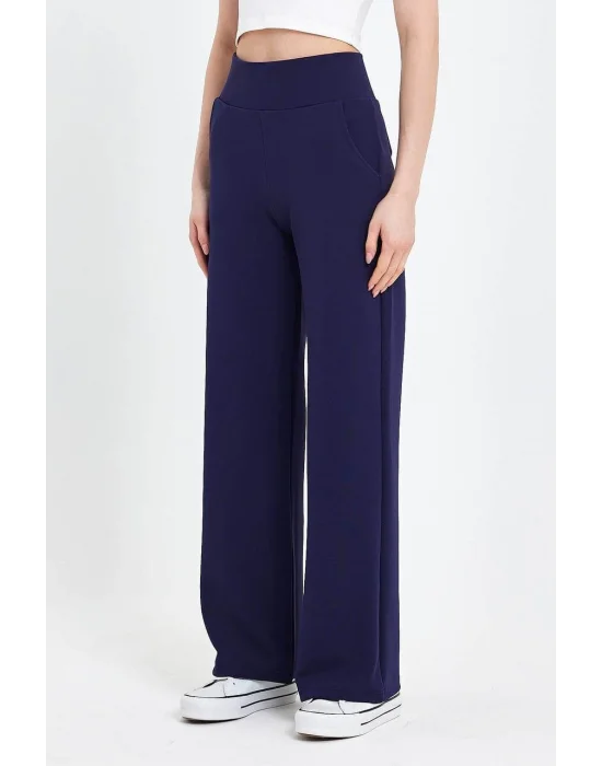 MetuCa Kadın Lacivert Korsaj Yüksek Bel Cepli Palazzo Geniş Paça Krep Kumaş Pantolon