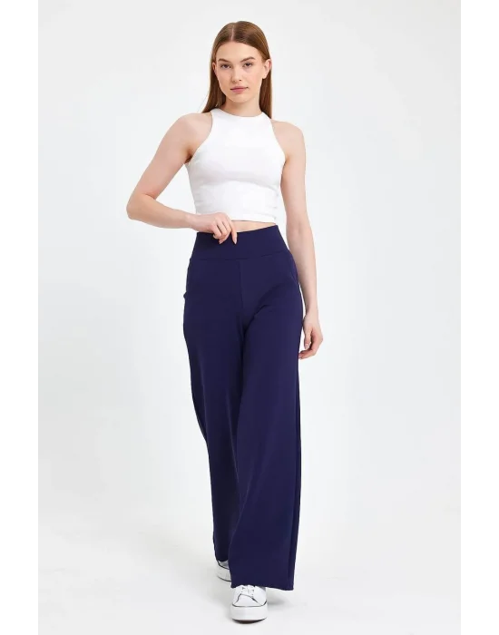 MetuCa Kadın Lacivert Korsaj Yüksek Bel Cepli Palazzo Geniş Paça Krep Kumaş Pantolon
