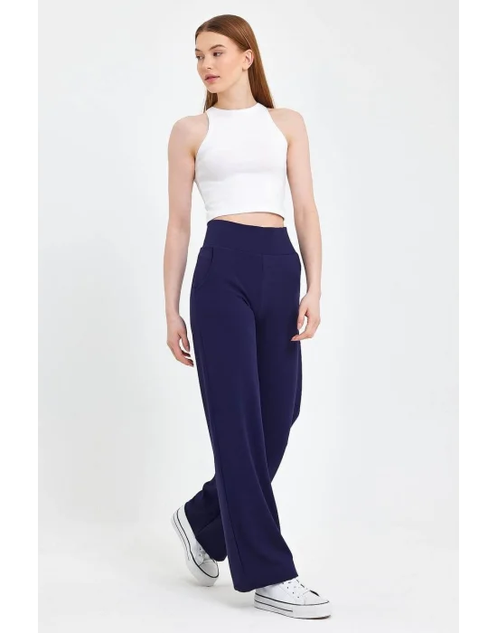 MetuCa Kadın Lacivert Korsaj Yüksek Bel Cepli Palazzo Geniş Paça Krep Kumaş Pantolon