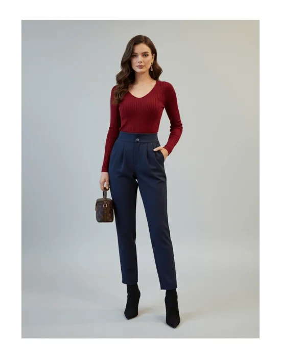 MetuCa Kadın Lacivert Yüksek Bel Çift Düğmeli Pensli Havuç Kesim Esnek Krep Pantolon