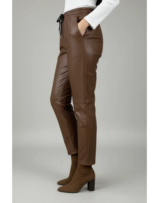 MetuCa Kadın Mat Kahverengi Likralı Esnek Yumuşak Çatlamaz Deri İçi Şardonlu Beli Lastikli Jogger Pantolon Likralı Esnek Yumuşak