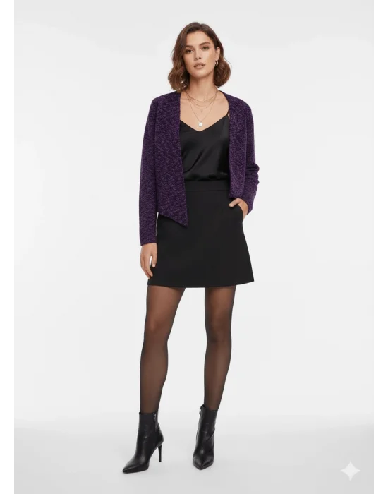 MetuCa Kadın Mor Siyah Melanj Yakasız Oversize Model Düğmesiz Triko Ceket Hırka