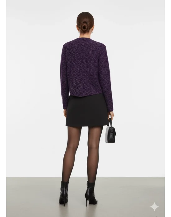 MetuCa Kadın Mor Siyah Melanj Yakasız Oversize Model Düğmesiz Triko Ceket Hırka