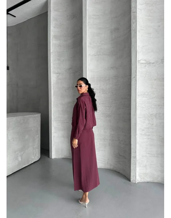 MetuCa Kadın Mürdüm Dokuma Kumaş Crop Gömlek ve U Yaka Askılı Uzun Elbise İkili Takım