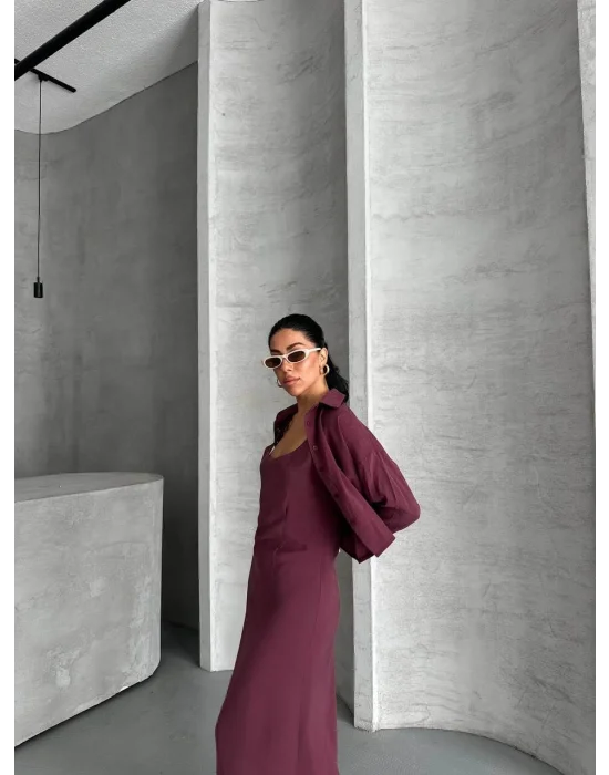 MetuCa Kadın Mürdüm Dokuma Kumaş Crop Gömlek ve U Yaka Askılı Uzun Elbise İkili Takım