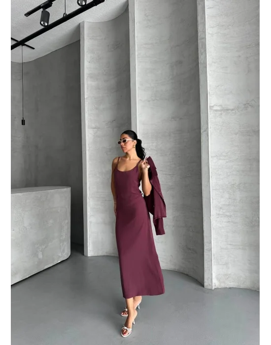 MetuCa Kadın Mürdüm Dokuma Kumaş Crop Gömlek ve U Yaka Askılı Uzun Elbise İkili Takım