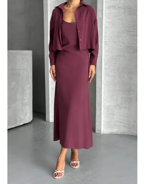 MetuCa Kadın Mürdüm Dokuma Kumaş Crop Gömlek ve U Yaka Askılı Uzun Elbise İkili Takım