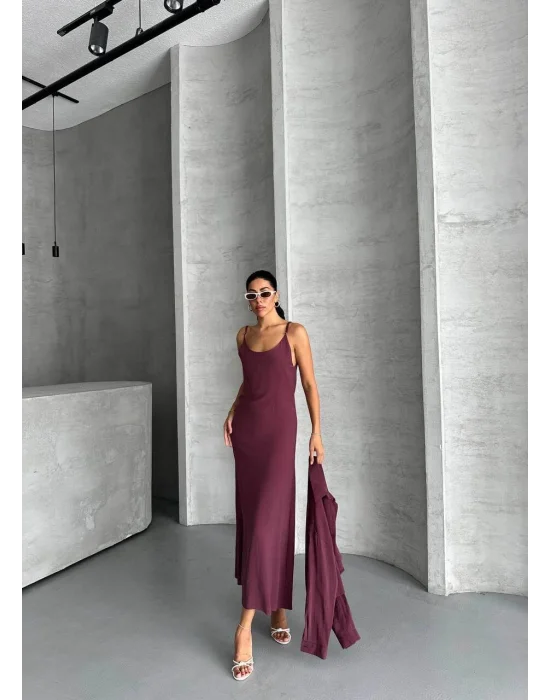 MetuCa Kadın Mürdüm Dokuma Kumaş Crop Gömlek ve U Yaka Askılı Uzun Elbise İkili Takım