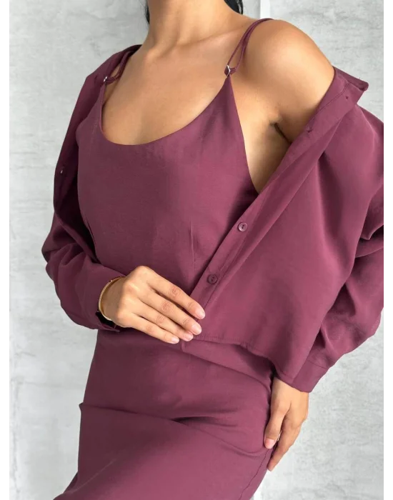 MetuCa Kadın Mürdüm Dokuma Kumaş Crop Gömlek ve U Yaka Askılı Uzun Elbise İkili Takım