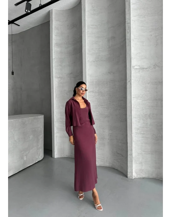 MetuCa Kadın Mürdüm Dokuma Kumaş Crop Gömlek ve U Yaka Askılı Uzun Elbise İkili Takım