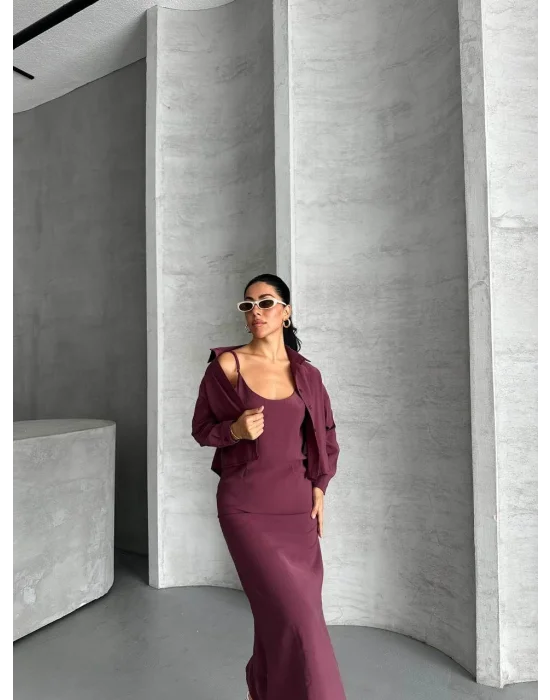 MetuCa Kadın Mürdüm Dokuma Kumaş Crop Gömlek ve U Yaka Askılı Uzun Elbise İkili Takım