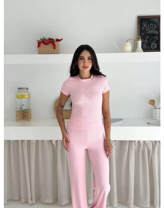 MetuCa Kadın Pembe Yanı Beyaz Şeritli Yüksek Bel Pamuklu Crop Geniş Paça Eşofman Altı İkili Takım