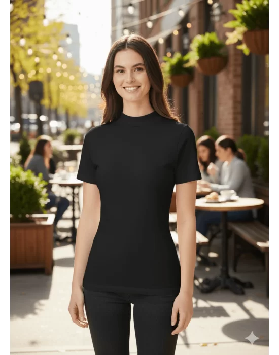 MetuCa Kadın Siyah Balıkçı Yaka Likralı Pamuklu Vücudu Saran Basic Fit Tişört Bluz