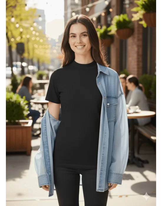 MetuCa Kadın Siyah Balıkçı Yaka Likralı Pamuklu Vücudu Saran Basic Fit Tişört Bluz