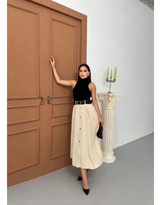 MetuCa Kadın Siyah Bej Balıkçı Yaka Elbise Sandy Üst ve Cepli Düğmeli Kloş Dokuma Etek