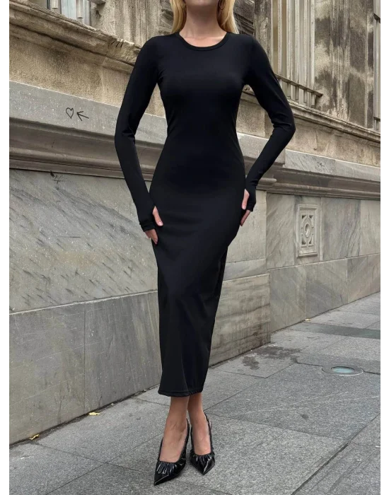 MetuCa Kadın Siyah Bisiklet Yaka Parmak Geçmeli Uzun Kollu Sandy Kumaş Midi İçlik Elbise