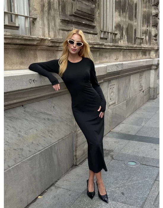 MetuCa Kadın Siyah Bisiklet Yaka Parmak Geçmeli Uzun Kollu Sandy Kumaş Midi İçlik Elbise