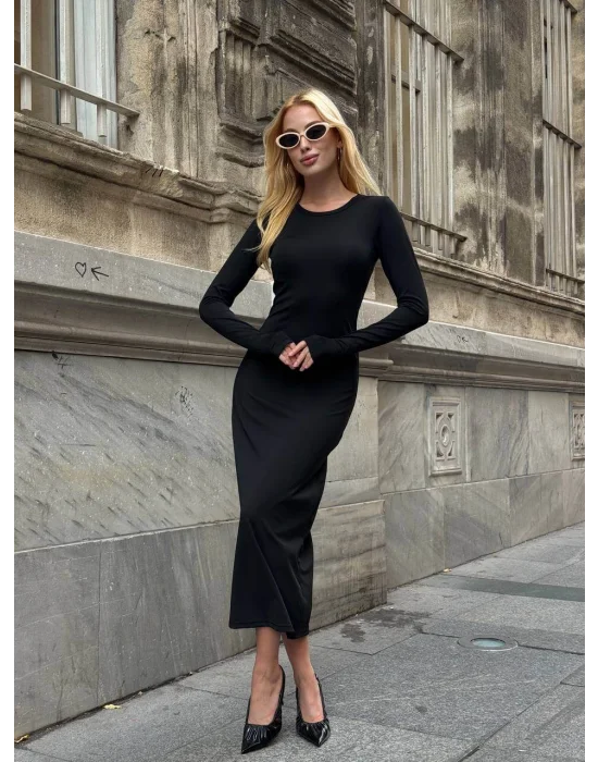 MetuCa Kadın Siyah Bisiklet Yaka Parmak Geçmeli Uzun Kollu Sandy Kumaş Midi İçlik Elbise