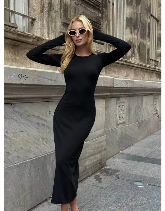 MetuCa Kadın Siyah Bisiklet Yaka Parmak Geçmeli Uzun Kollu Sandy Kumaş Midi İçlik Elbise