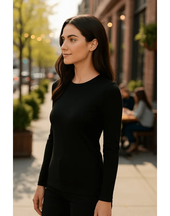 MetuCa Kadın Siyah Bisiklet Yaka Uzun Kollu Likralı Pamuklu Vücudu Saran Basic Badic Bluz