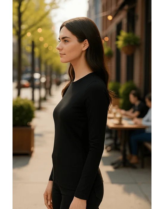 MetuCa Kadın Siyah Bisiklet Yaka Uzun Kollu Likralı Pamuklu Vücudu Saran Basic Badic Bluz