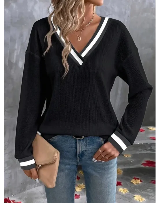 MetuCa Kadın Siyah Çizgili V Yaka Düşük Omuz Uzun Kollu Waffle Kumaş Kazak Bluz