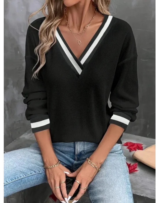 MetuCa Kadın Siyah Çizgili V Yaka Düşük Omuz Uzun Kollu Waffle Kumaş Kazak Bluz