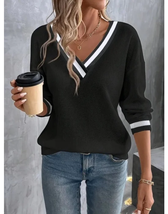 MetuCa Kadın Siyah Çizgili V Yaka Düşük Omuz Uzun Kollu Waffle Kumaş Kazak Bluz