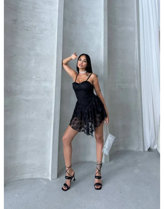 MetuCa Kadın Siyah Askılı Sırtı Bağcıklı İçi Şortlu Dantel Mini Prenses Parti Elbisesi