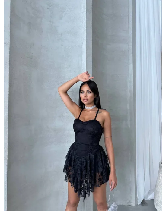 MetuCa Kadın Siyah Askılı Sırtı Bağcıklı İçi Şortlu Dantel Mini Prenses Parti Elbisesi
