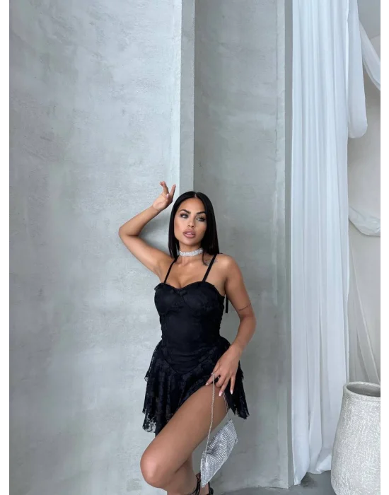 MetuCa Kadın Siyah Askılı Sırtı Bağcıklı İçi Şortlu Dantel Mini Prenses Parti Elbisesi